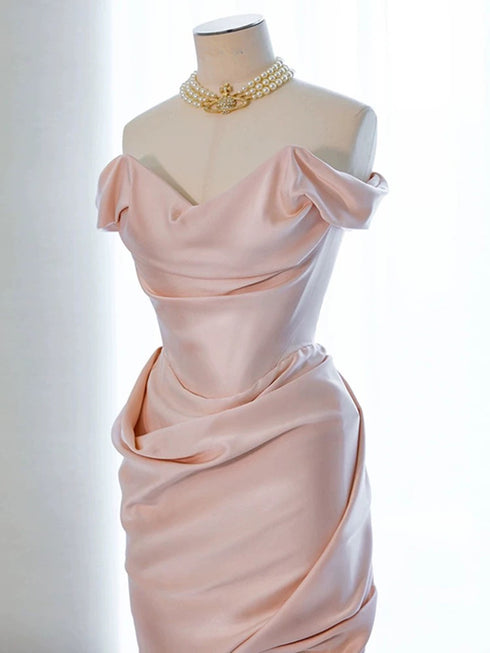 Pink High Low Sweetheart Off Shoulder Satin Party Dress, Pink Satin Homecoming Dress